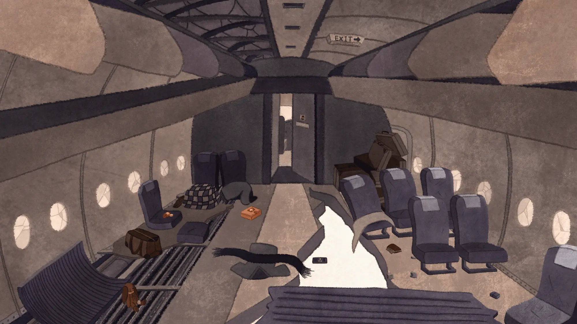 Inside the plane wreck -- scattered objects tell stories of survival attempts