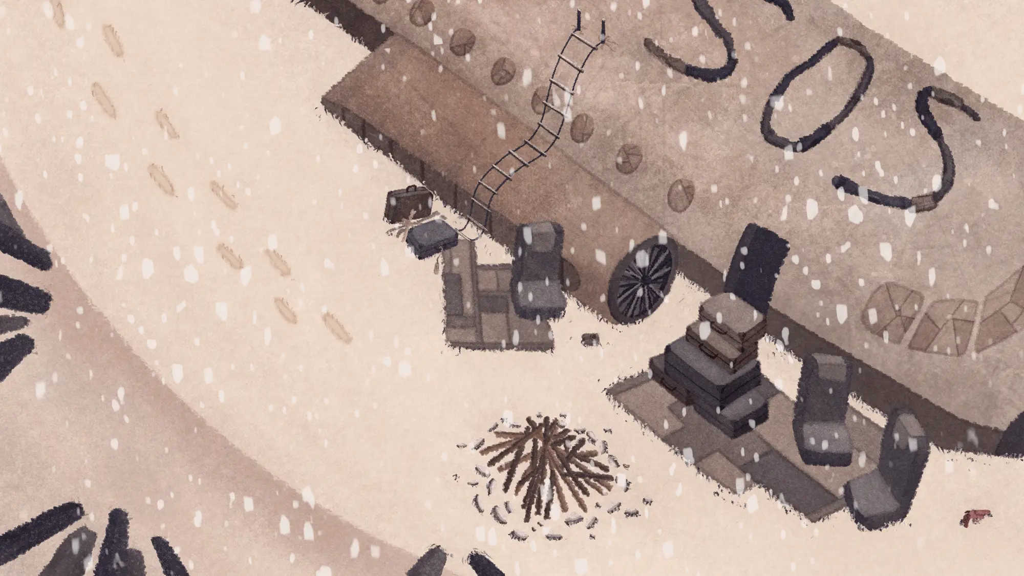 The overview scene showing the SOS sign on the plane's roof